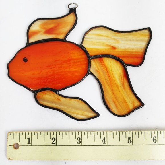 Vintage Stained Glass Gold Fish Beta Fish PAIR Sun Catchers Orange Blue Handmade - Picture 6 of 6